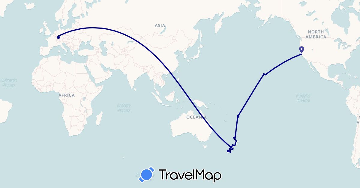 TravelMap itinerary: driving in China, Germany, Fiji, New Zealand, United States (Asia, Europe, North America, Oceania)
